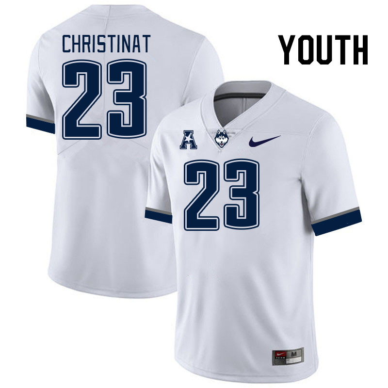 Youth #23 Zach Christinat Connecticut Huskies College Football Jerseys Stitched Sale-White - Click Image to Close